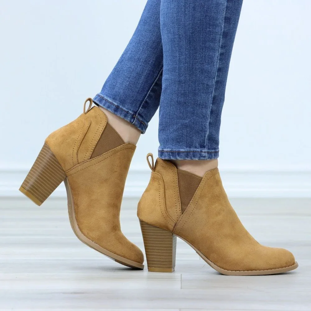 Block High Heeled Ankle Boots Brown Synthetic Suede Chelsea Cone - Picture 12 of 15